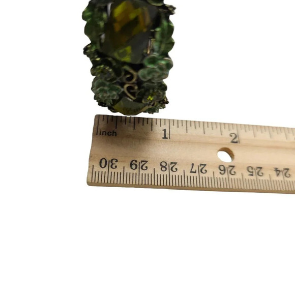 Green Prystal Enamel Flower Open Cuff Bangle Bracelet Vintage - Picture 6 of 6